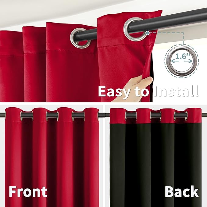 BGment Christmas 100% Blackout Curtains Thermal Insulated with Liner for Living Room Decoration - Grommet Double Layer Energy Saving Bedroom Curtain Drapes (52 x 84 Inches, Red, 2 Panels)