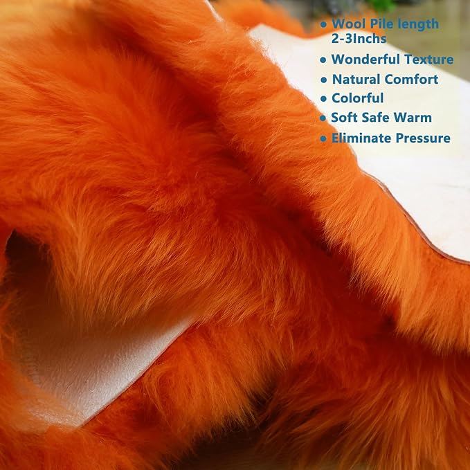 AOGELAN Orange Premium Genuine Sheepskin Rug, Genuine Sheepskin Natural Lambskin Shaggy Fur Area Rug for Kids Bedroom Sofa Chair Seat Cover Pets Dogs Mat Single Pelt/2FT*3FT