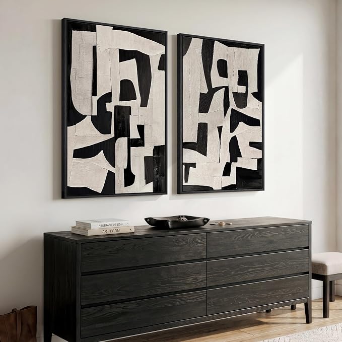 Large Framed Black and White Abstract Wall Art for Living Room, 2 Piece Modern Canvas Prints Paintings Artwork for Walls, Minimalist Black Beige Pictures for Hallway Dining Bedroom Wall Decor 24x36 In