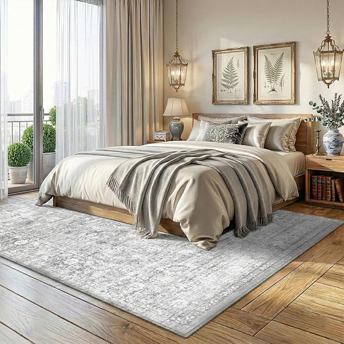Homemate Washable Rug 6x9 Area Rugs - Vintage Faux Wool Rugs for Living Room Bedroom Dining Room - Non Slip Foldable Carpet Indoor Area Rug for Home Decor（6'x9', Grey