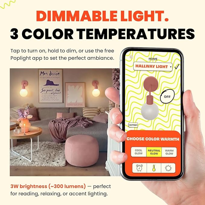 Poplight Wireless Wall Sconce (Shark Tank) Rechargeable & Dimmable LED Light w/App Control & Damage-Free Install, Moveable Modern Ambient Lighting for Elegant Home & Bedroom Decor | Dusty Rose