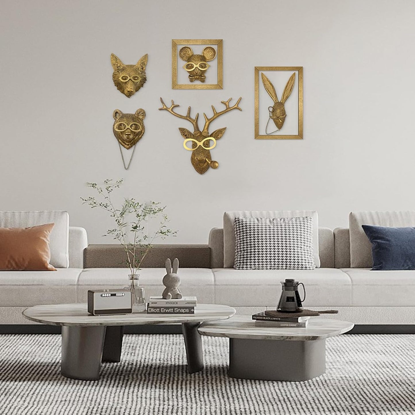 Animal Heads Wall Decor, animal wall art,Resin Animal Head Wall Hanging Decoration for Living Room Bedroom Office Kitchen Gift,5pcs