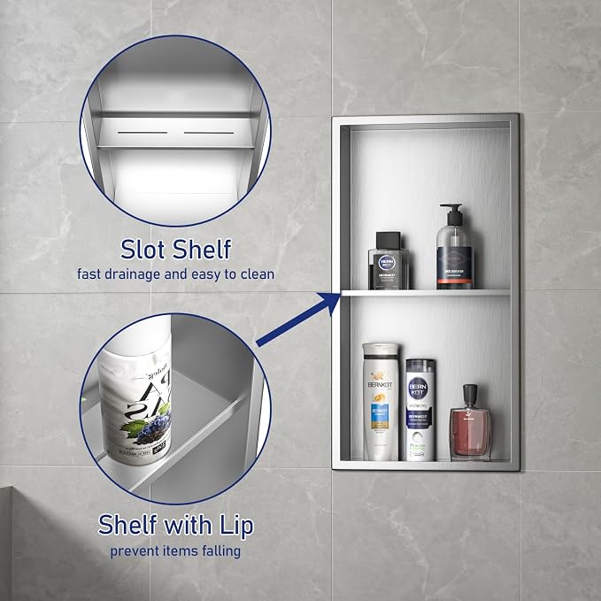 Stainless Steel Shower Niche 24" X 12" Brushed No Tile Needed Wall Niche Double Shelves Recessed Shower Shelf for Bathroom Storage Over Mount Installation