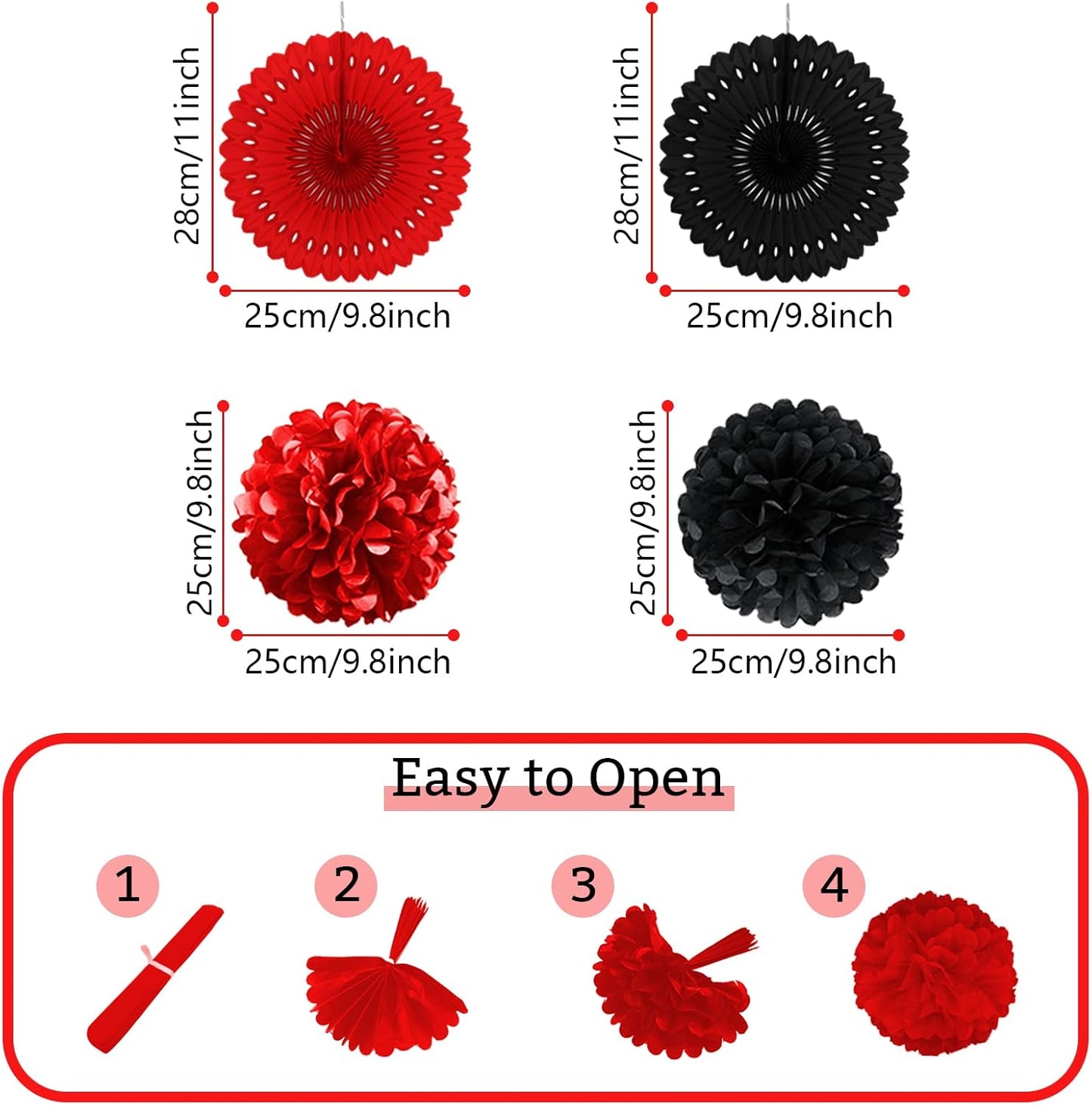 Red and Black Party Decorations, Papar Fans Pompoms Fans Garlands for Birthday Wedding Graduation Game Night Boy Girl Party Decorations