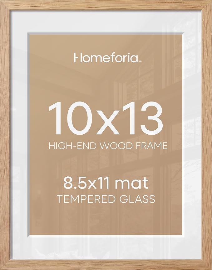 Homeforia 10x13 Picture Frame Wood, High End Natural Oak 10x13 Light Wooden Poster Frames with Mat 8.5x11, 10 x 13 Frame Matted to 8.5 x 11 Photo, 13x10 Thin Frames, Tempered Glass, Wall Kit, Set of 2