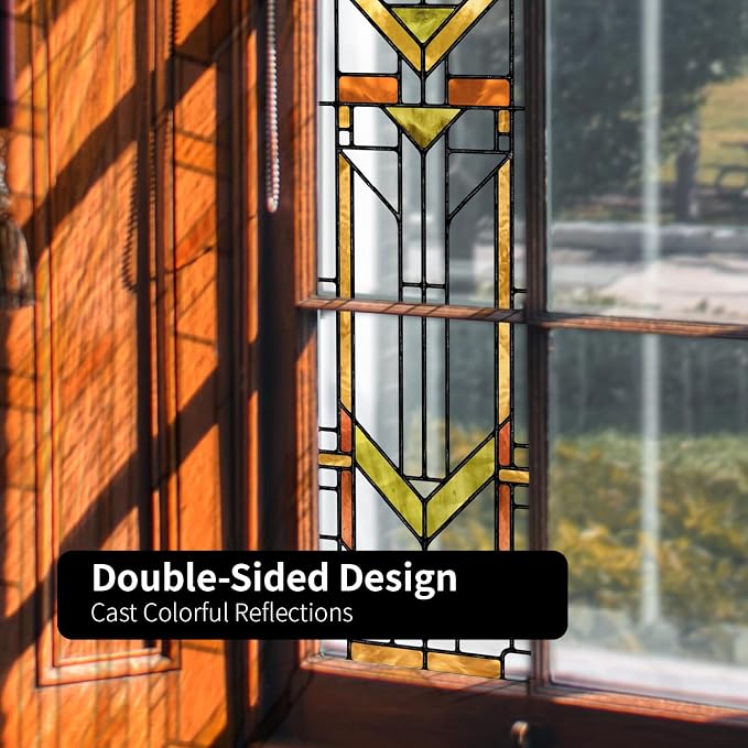 Faux Stained Glass Effect Transparent Window Film, Original Hand Drawn Static Cling for Sidelight Door Glass Decor Inspired by Frank Lloyd Wright, 11.02" x55.12" Martin House, Boho