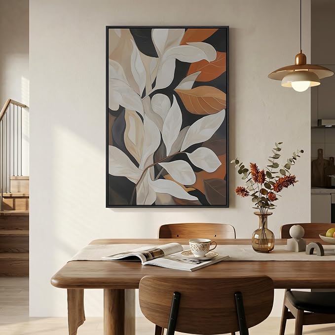 Framed Boho Botanical Wall Art for Living Room, Vertical Neutral Beige Floral Leaf Canvas Artwork for Walls, Organic Modern Terracotta Pictures Print Wall Art Decor for Bedroom Hallway, 24x36 Inch