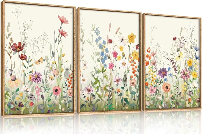 Large Watercolor Colorful Wildflower Framed Canvas Wall Art Set,Modern Natural Floral Botanical Wall Decor,Vibrant Flower Butterfly Landscape Artwork for Living Room, Bedroom,Office- 24"x36"x3