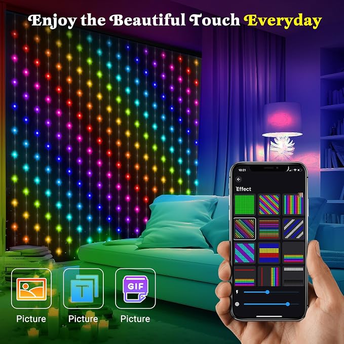 CoziTech Smart Curtain Lights 400 LED, Color Changing LED Curtains Light 6.6 * 6.6 FT, DIY Fairy String Flag Light Curtain for Bedroom Backdrop Party Outdoor 4th of July Decor (APP +Remote Control)