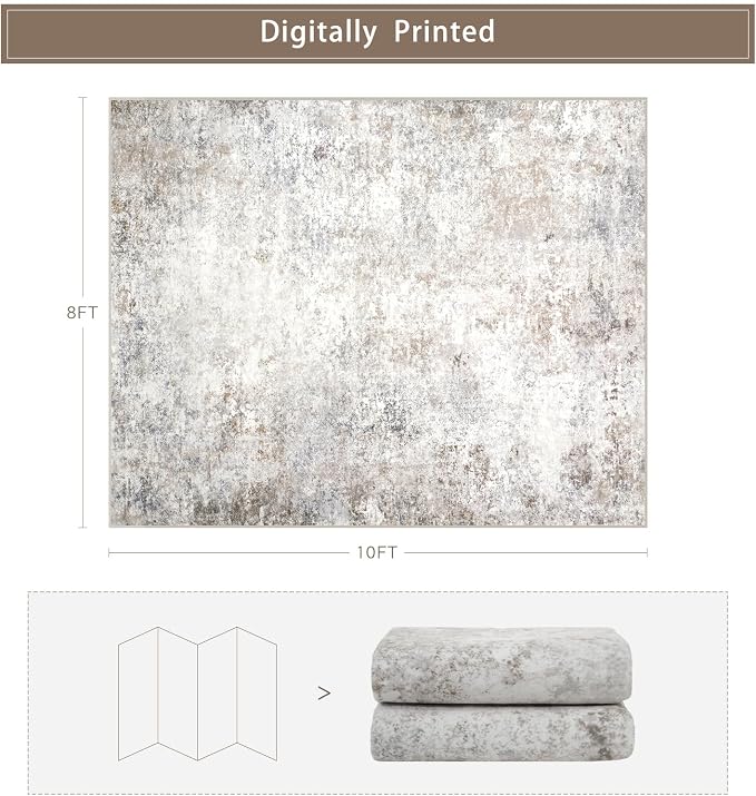 Srugn Washable Rugs 8x10 Area Rugs for Living Room,Modern Abstract Rugs for Bedroom,Large Carpets,Ultra Soft Faux Wool Retro Dining Room Rug,Non Slip&Non-Shedding Low Pile Print Rug- Beige Grey