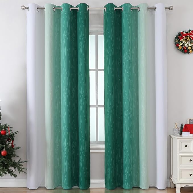 Estelar Textiler Green and Greyish White Gradient Blackout Curtains for Bedroom, Thermal Insulated Ombre Drapes 96 Inches Long, Full Light Blocking Curtains for Living Room, 52Wx96L, 2 Panels