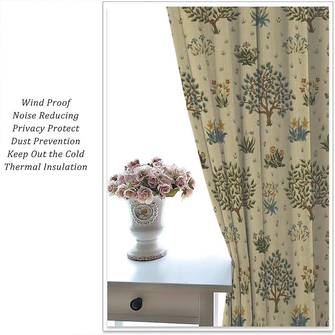 Rustic William Morris Curtains, Watercolor Vintage Flower Tree Plant Art Style Blackout Window Treatments Drapes, for Living Room Bedroom Kitchen 21(W)*45(L) 2 Panels