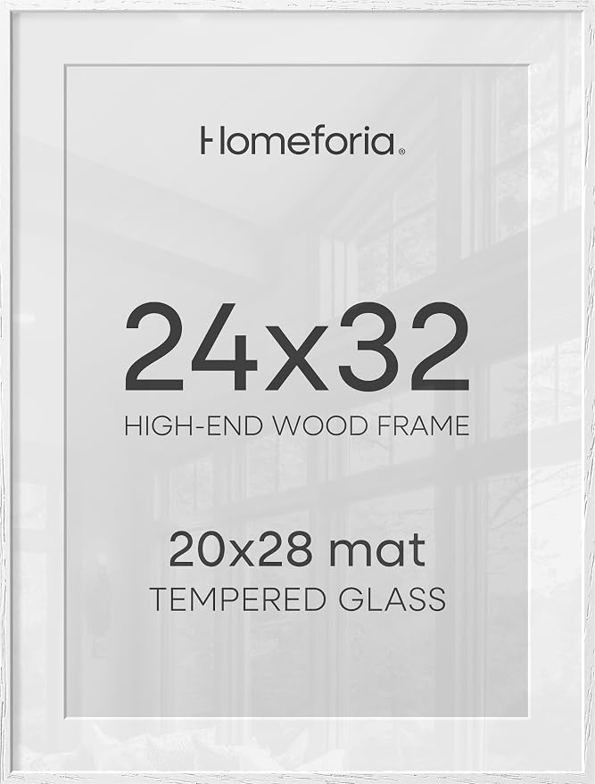 Homeforia 24x32 Picture Frame, White Wood, High End Oak, Matted to 20x28, Tempered Glass, Wall Hook Included, Set of 1