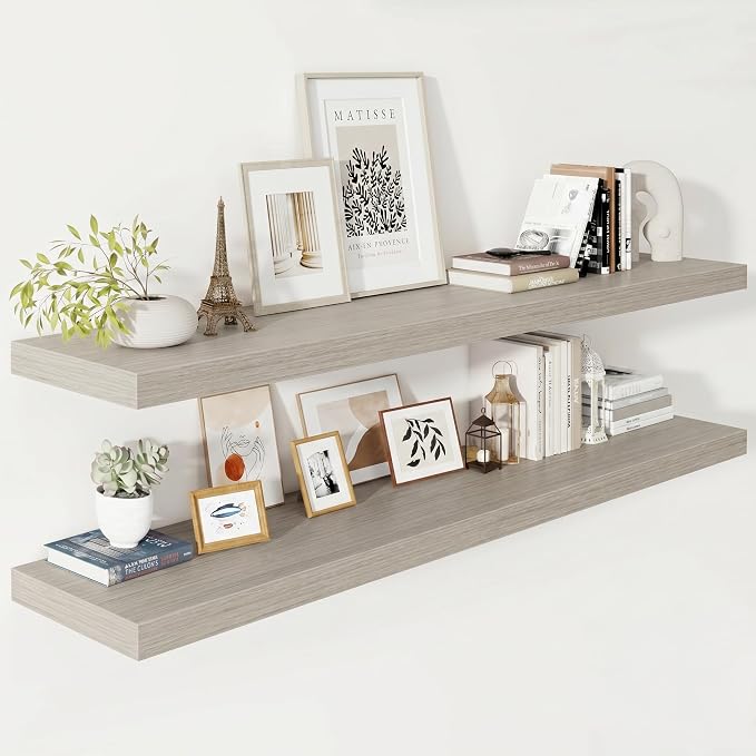 Vivelove 12" Deep Floating Shelves for Wall 55" Long, Wall Shelves for Living Room Bedroom Bathroom Kitchen Laundry Room, Farmhouse Rustic Shelves for Home Decor, 55" X 12" X 2" Set of 2, Grey