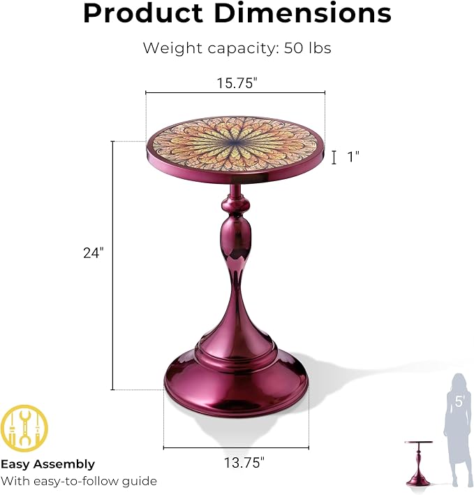 Homes: Inside + Out Halric Modern 24" Tall Round End Table with Decorated Tabletop and Iron Metal Base, Accent Furniture, Elegant Pedestal Stand for Living Room, Home Office, Chrome Purple