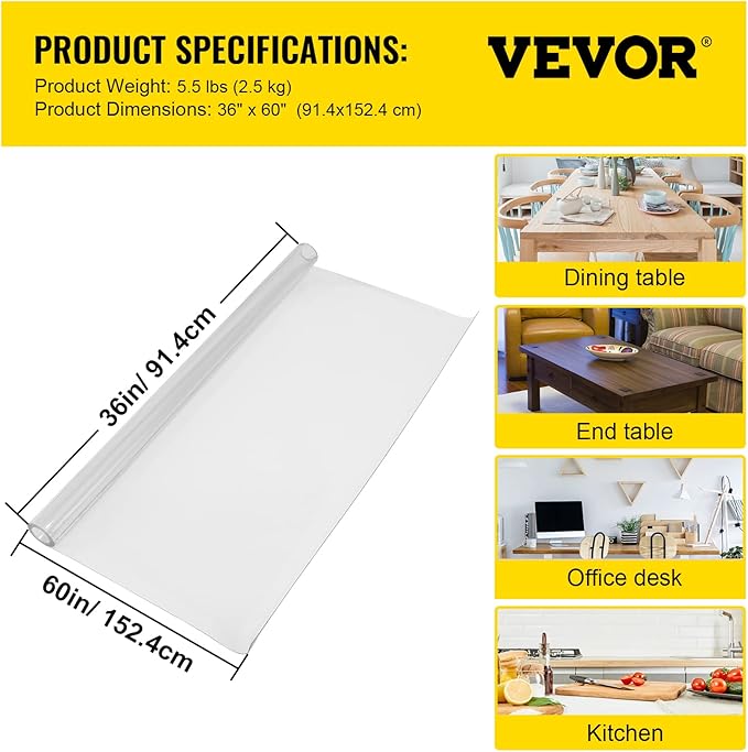 VEVOR Plastic Table Cover 36 x 60 Inch, 1.5 mm Thick Clear Table Protector, Rectangle Clear Desk Mat, Waterproof & Easy Cleaning for Office Dresser Night Stand