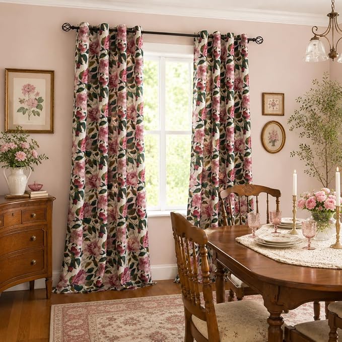 ALIGOGO Floral 90 inch Curtains for Living Room - French Country Pink Linen Curtains 90 Inches Long Farmhouse Light Filtering Grommet Cottagecore Privacy Drapes, 50 x 90 Inch, 2 Panels, Pink