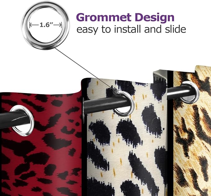Wild Animal Print Curtain, Room Darkening Thermal Insulated Blackout Leopard Boa Window Drapes with Grommets for Living, Dining, Bedroom, Red Leopard Print, 52"x 63", 2 Panels