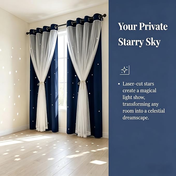 Kids Star Cutout Curtains for Bedroom/Living Room/Classroom,2 Free Tiebacks Sheer Overlay 2 Panel Set, Double Layer Curtains for Kids Room(Each Piece W70 x L95 Inches 2 Pcs Navy Blue)