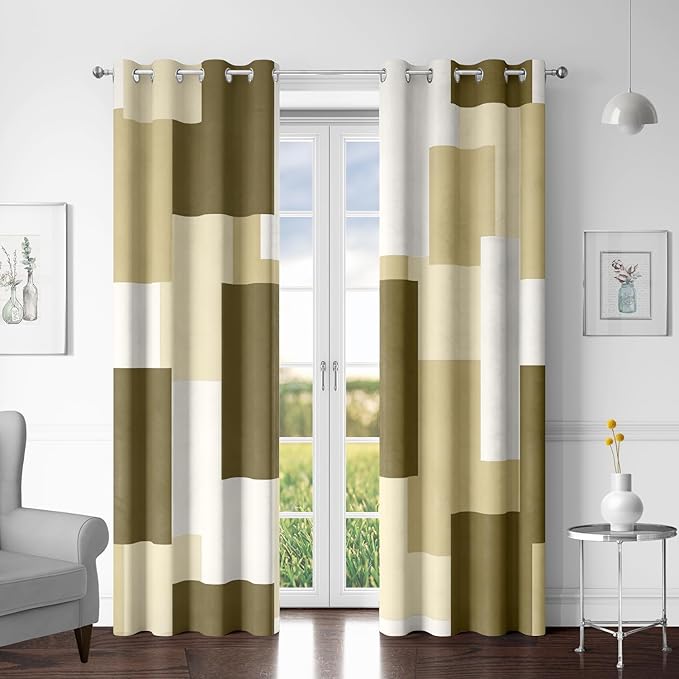 Tyrot Beige 100% Blackout Curtains for Bedroom 96 inch Long 2 Panels Set White Beige Modern Abstract Geometric Black Out Curtains Insulated Room Darkening Window Drapes for Living Room, 52Wx96L