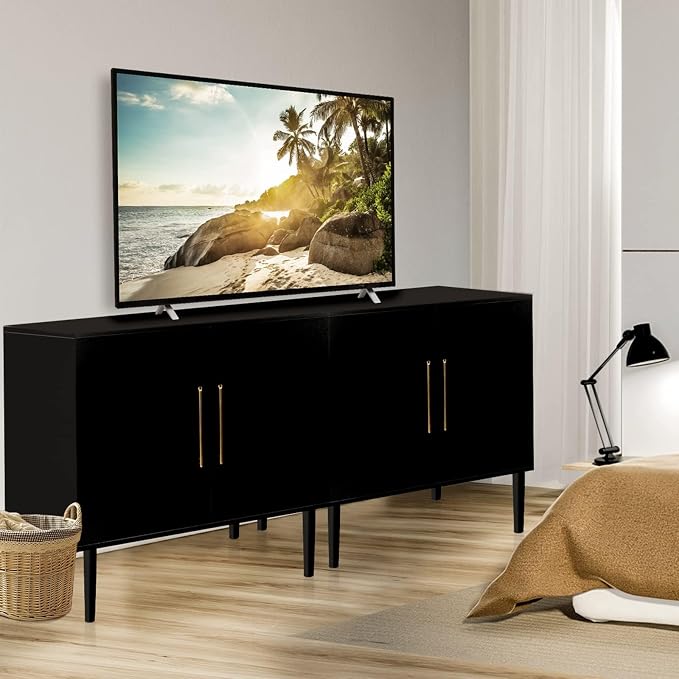 Set of 2 Black Storage Cabinet with Doors, Modern Accent Cabinet, Free Standing Cabinet with Adjustable Shelf, Wooden Buffet Sideboards for Living Room, Kitchen, Dining Room, Entryway