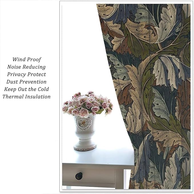 Boho William Morris Art Plant Curtains, Rustic Retro Nature Botanical Print Blackout Window Treatments Drapes, for Living Room Bedroom Kitchen 31.5(W)*72(L) 2 Panels