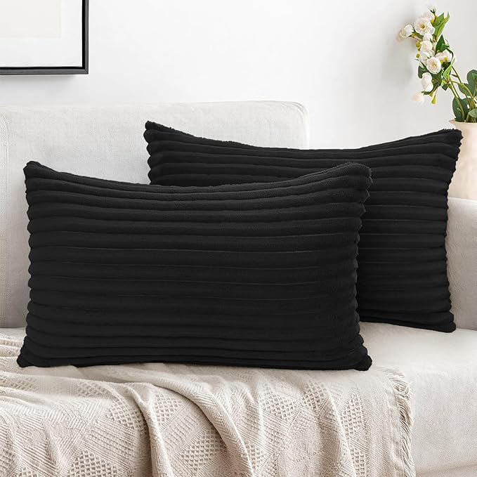 Simmore Decorative Fall Throw Pillow Covers 12x20 Set of 2, Soft Natural Plush Flannel Double-Sided Fluffy Rectangle Pillow Covers for Couch Sofa Living Room, Black