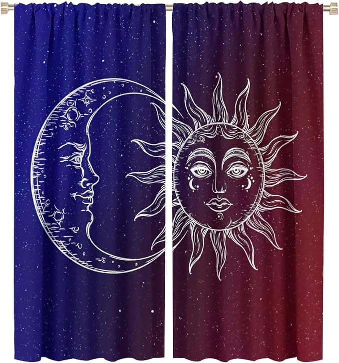 Sun Moon Blackout Windows Curtains, Burning Sun Moon Red Blue Cosmic Galaxy Bohemian Curtains, for Living Room Bedroom 55x63in 2 Panels