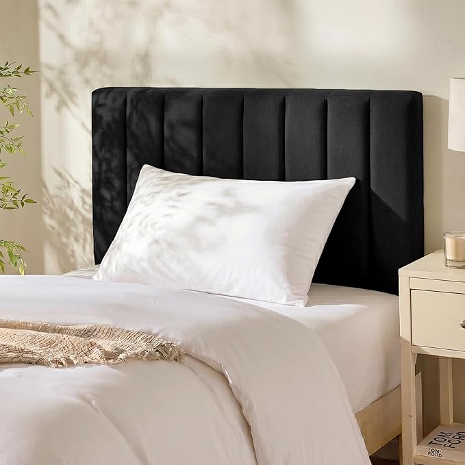 Hearth & Harbor Upholstered Twin Headboard - Easy Assemble Channel Stitched Headboard Twin Size - Wall Mounted Headboards with 3D Soundproof Wall Panels Peel & Stick Floating Headboards, Black