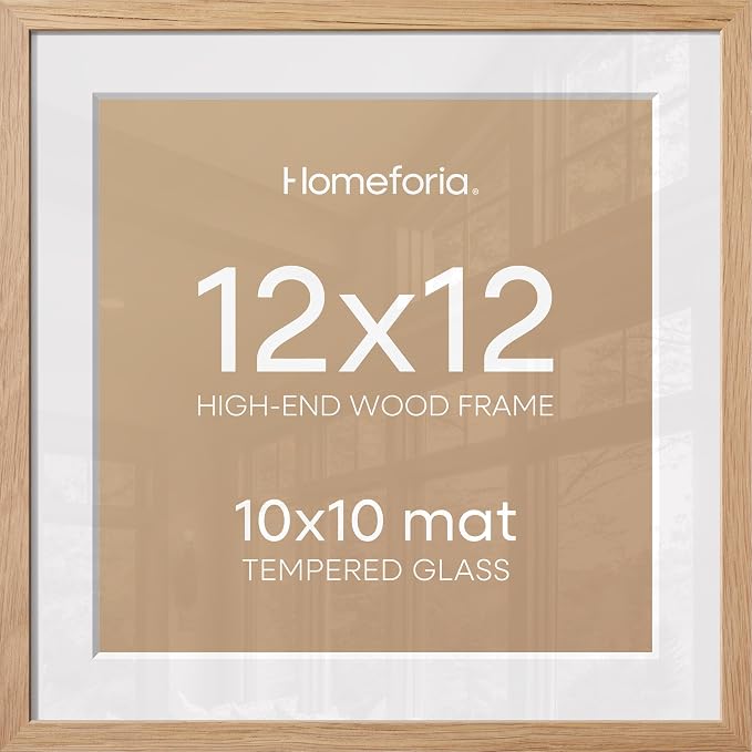 Homeforia 12x12 Light Wood Frame, High End Natural Oak 12 x 12 Square Picture Frames with Mat 10 by 10 inch Photo, 12by12 Wooden Poster Frames Matted to 10x10 Print, Tempered Glass, Wall Kit, Set of 2