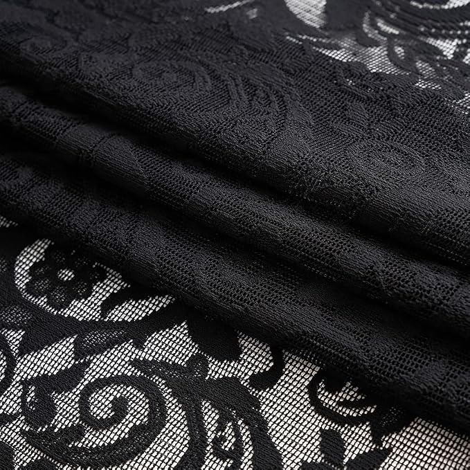 ALIGOGO Black Kitchen Lace Curtains 45 Inch Length, Boho Shabby Kitchen Short Sheer Curtains for Bathroom, Laundry Small Window Treatments 2 Panels, 52 x 45 Inch, Black