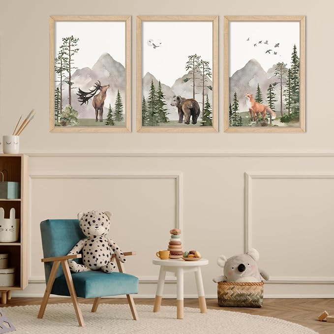 Woodland Nursery Animal Wall Art 11x16 3pc, Deer Bear Fox Boys Room Decor | Rustic Wood Framed Forest Mountain Watercolor Prints Set of 3, Toddler Boys, Kids Bedroom, Playroom & Nursery Nature Decor