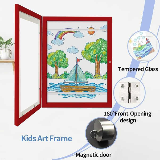 Kids Art Frames 8.5x11 Set of 2 - Front Opening Childrens Picture Frame Changeable, Wood Artwork Display Storage for Wall Mount, Magnetic Door Holds 50 Art Pieces for Drawings, 3D Picture, Crafts, Portfolio, Red