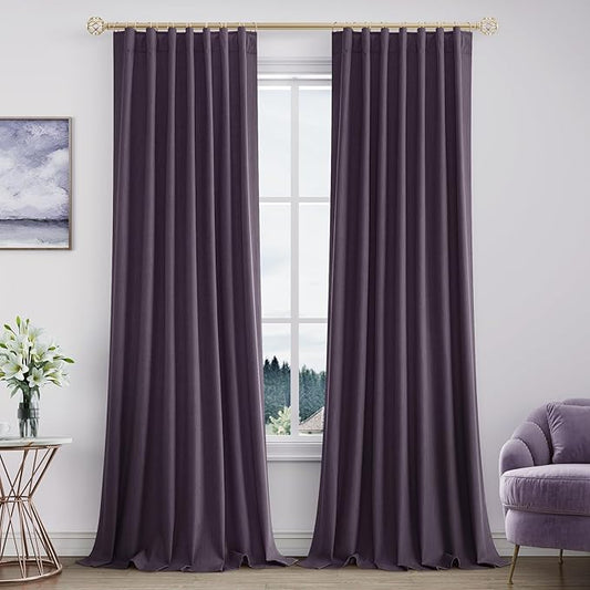 Joywell 100% Blackout Linen Curtains 96 Inch Long for Bedroom 2 Panels Set Black Out Curtain Room Darkening Drapes for Sliding Glass Door Window Rod Pocket Back Tab Hook Belt,52 x 96,Plum