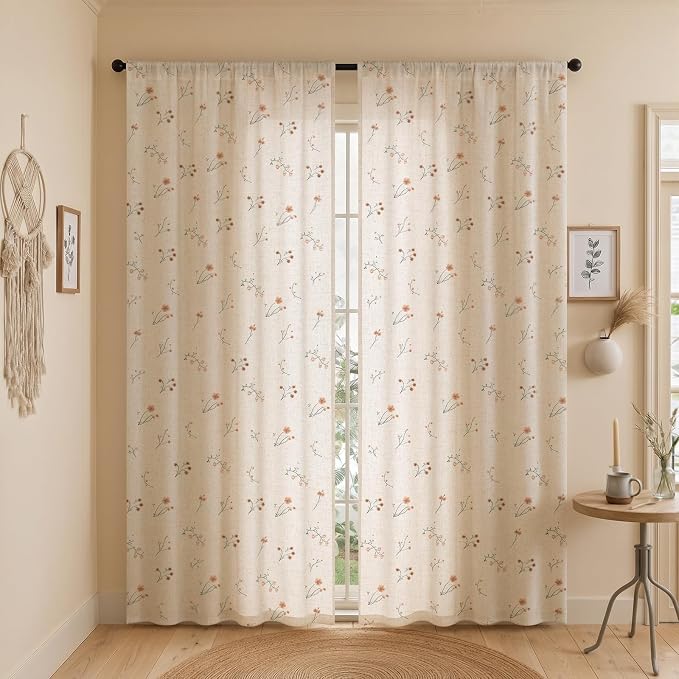 Floral Embroidered Linen Blend Curtains for Bedroom, 90 Inch Light Filtering Spring Farmhouse Vintage Drapes Beige Flower Window Treatments for Living Room Rod Pocket, Set of 2 Panels