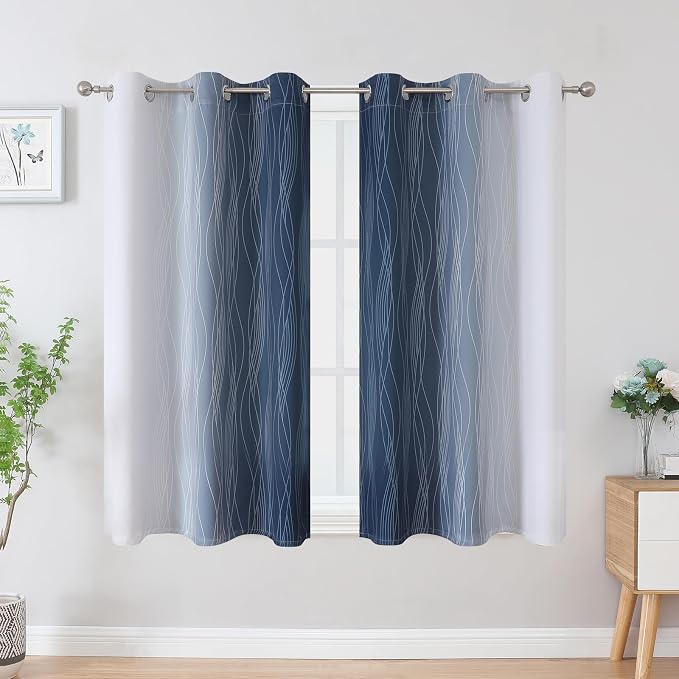 Estelar Textiler Navy Blue and Greyish White Blackout Curtains 45 Inch Length, Light Blocking Gradient Drapes for Short Window, Thermal Insulated Grommet Ombre Curtains for Bathroom,42Wx45L,2 Panels