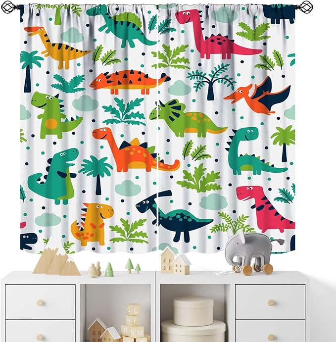 YCness Tropical Dinosaur Curtains for Boys Girls Children Nursery Playroom Room Decor Cute Colorful Cartoon Dino Art Printed Window Drapes Decor Fabric Set 2 Panel 84x84 Inch 80% Shading Rate