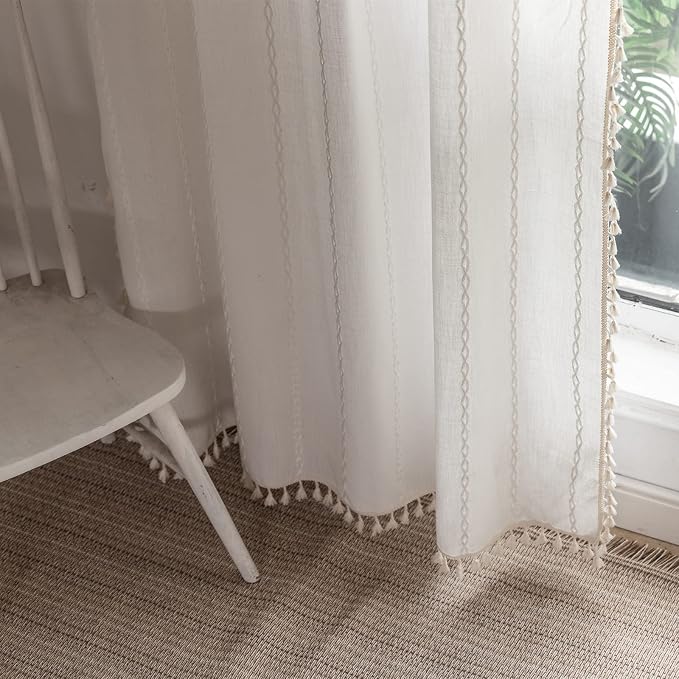 RoomTalks White Boho Farmhouse Curtains for Bedroom Living Room 84 Inch Length French Country Cute Polyester Window Curtain Panels Embroidery Striped Bohemian Chic Tassel Draperies, 84’’L x 52’’W