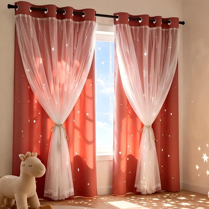 Princess Curtains for Girls Bedroom with Sheer Overlay,Double Layer Curtain for Living Room with Star Cutout, Curtains for Kids Room (70 W*84 L Inches,2 Pcs Coral)