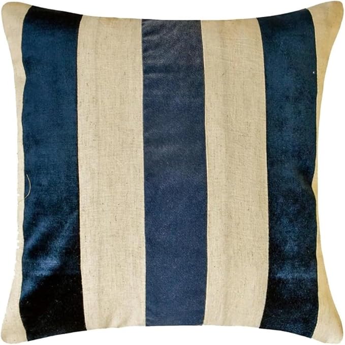 The HomeCentric Pack of 2 Decorative Throw Pillow Cover Navy 26"x26" (65x65 cm) Velvet & Linen Patchwork, Striped Pillowcases, Striped Modern Style - Velvet Band Navy