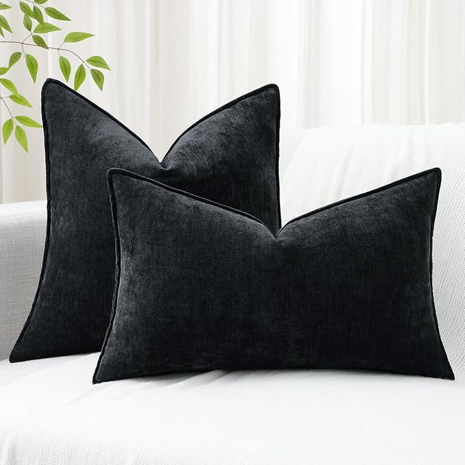 decorUhome Fall Couch Euro Sham Throw Pillow Covers 26x26 Set of 2, Decorative Soft Velvet Modern Cozy Chenille Pillow Cases with Elegant Design for Sofa Bed Living Room Home Decor, Black