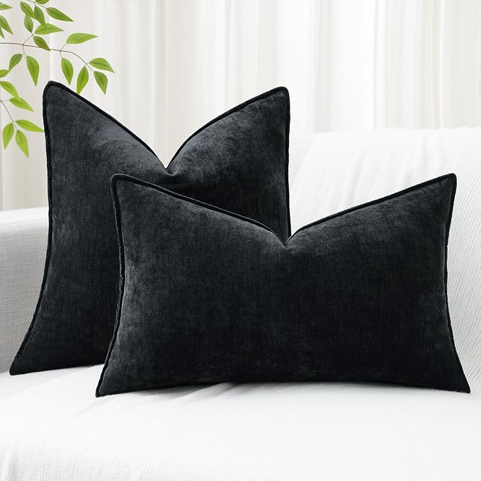 decorUhome Fall Couch Euro Sham Throw Pillow Covers 24x24 Set of 2, Decorative Soft Velvet Modern Cozy Chenille Pillow Cases with Elegant Design for Sofa Bed Living Room Home Decor, Black
