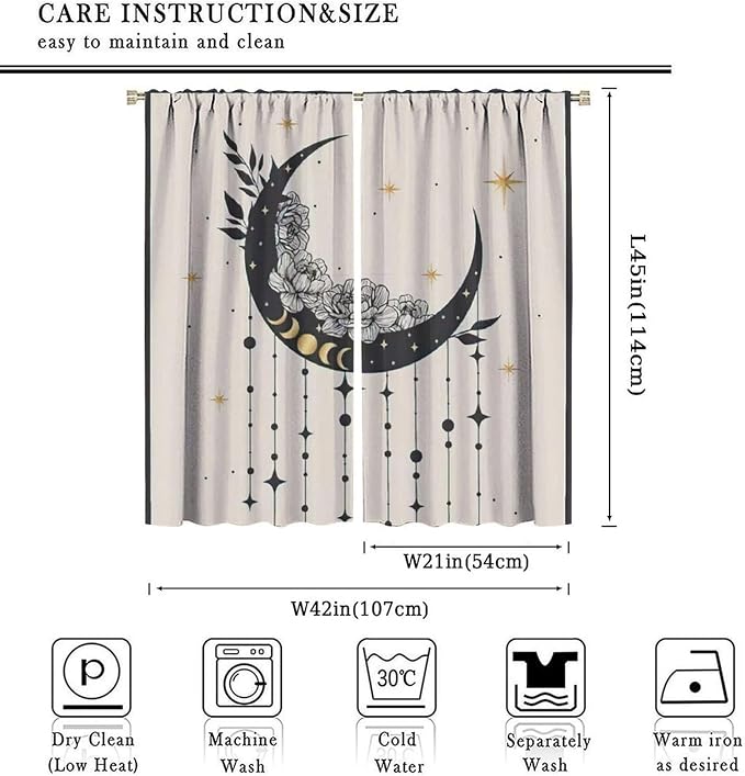 Witchy Curtains, Gothic, Dark Academia, Crescent Moon Pattern, Blackout, 21.1"W x 44.8"L (Pack of 2), Bedroom, Living Room