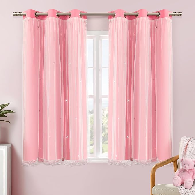 XiDi Pink Curtains with Sheer Overlay for Girls Bedroom 2 Panels Blackout Double Layer Curtains 45 Inches Length for Kids Princess Nursery Room Star Cut Out Grommet Small Window Drapes W42 X L45
