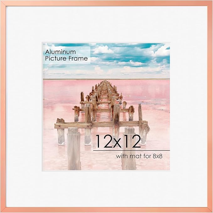 FLYJOE 12x12 Frame - Metal Square Picture Frame With Tempered Glass 12x12 Frame With Mat For 8x8 Minimalist Modern Poster Frame Horizontally & Vertically Hanging Hardware Included, Rose Gold