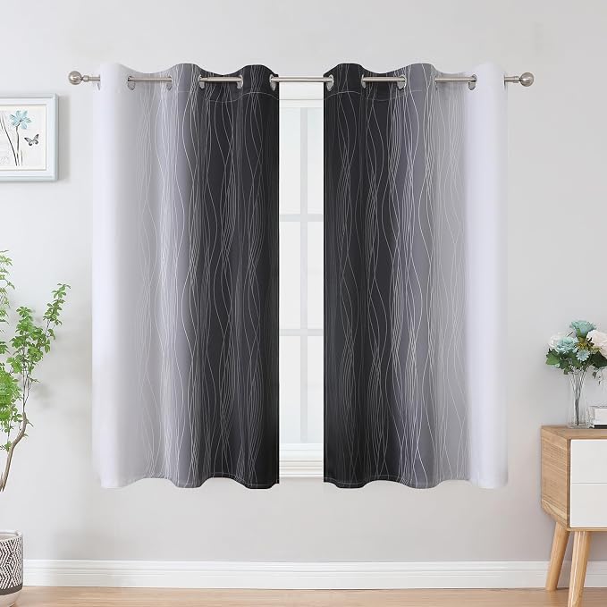 Estelar Textiler Black and Greyish White Blackout Curtains 54 Inch Length, Light Blocking Gradient Grommet Drapes for Bedroom, Thermal Insulated Ombre Curtains for Bathroom,42Wx54L,2 Panels