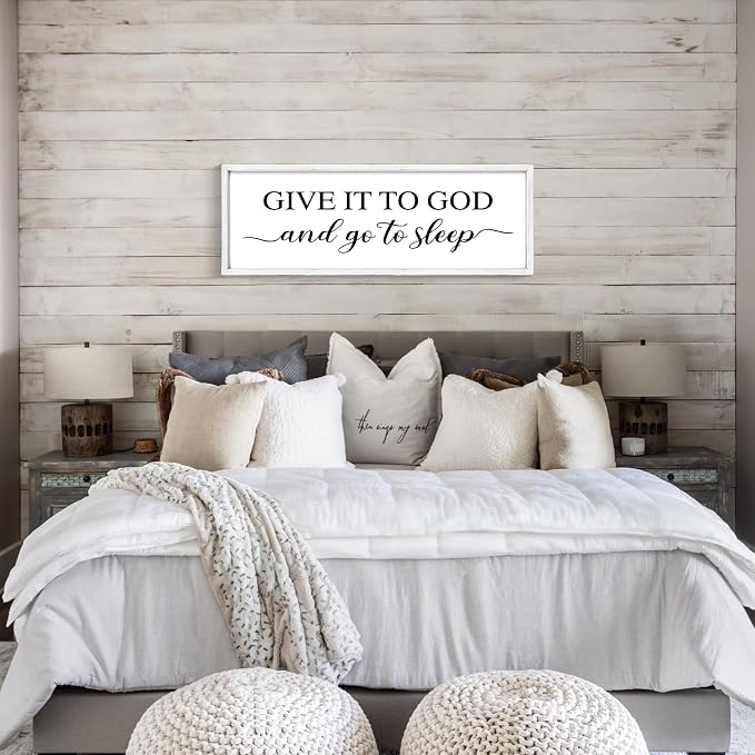 Give It to God and Go to Sleep Sign 42''×15'' Large Above Bed Wall Decor Farmhouse Bedroom Decor Wood Framed Guest Room Decor Wall Art Rustic Master Bedroom Wall Decoration (White)