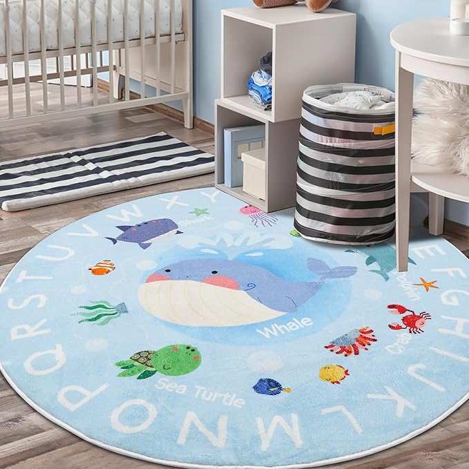 Soft Round ABC Rug for Kids Room,4 ft Washable Circle Rug,Non-Slip Whale Alphabet Kids Rug Carpet for Playroom Bedroom Kids Room Decor