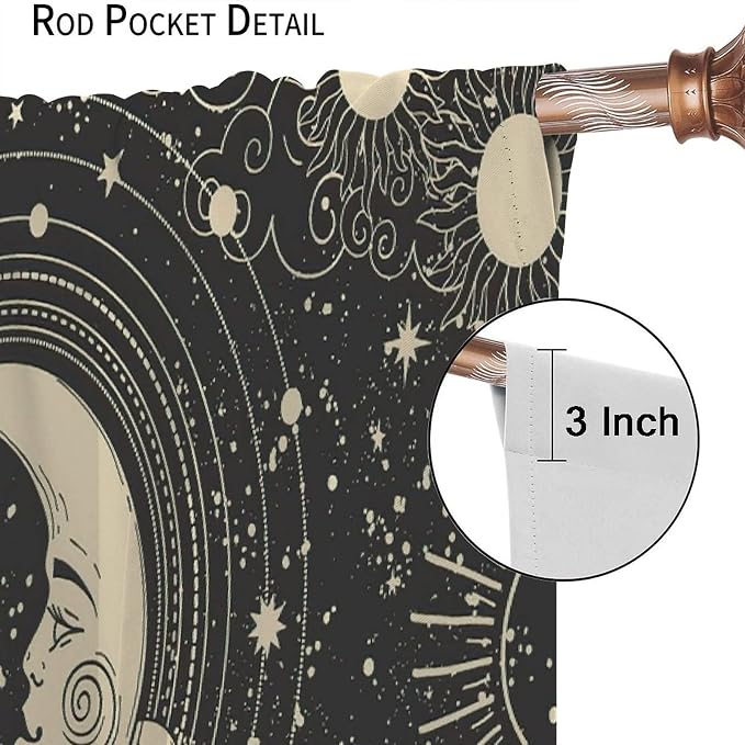 Bohemian Sun Moon Blackout Windows Curtains, Golden Sun Crescent Moon and Stars Vintage Cosmic Galaxy Printed Curtains, for Living Room Bedroom 63x72in 2 Panels