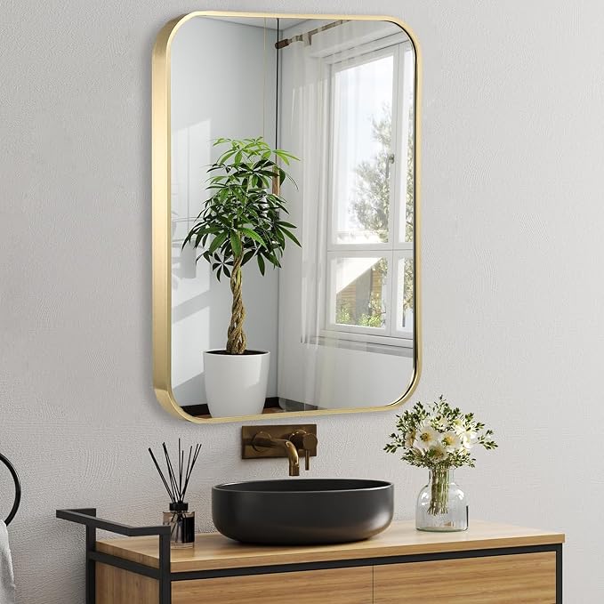 20x30 Inch Gold Bathroom Mirror, Brushed Brass Gold Metal Framed Rectangular Mirror with Rounded Corner, Bathroom Vanity Mirror for Bedroom or Living Room, Horizontal/Vertical